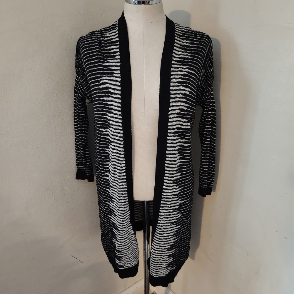 EXPRESS Black White Striped Long Open Front Cardigan‎ Sweater Women Size S